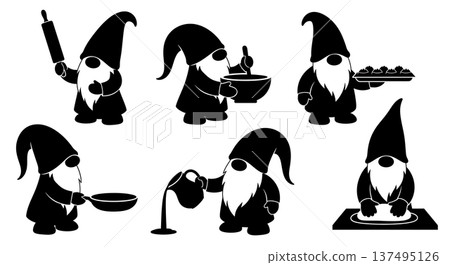 Black Solid Cooking Gnome Silhouettes Set of Six on White Background 137495126