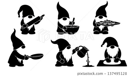 Black Solid Cooking Gnome Silhouettes Set of Six on White Background Black Solid Cooking Gnome Silhouettes Set of Six on White Background 137495128