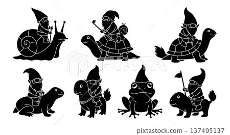 Black Solid Gnome Riding Animals Silhouettes Set of Six on White Background 137495137