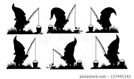 Black Solid Fishing Gnome Silhouettes Set of Six on White Background Black Solid Fishing Gnome Silhouettes Set of Six on White Background 137495142