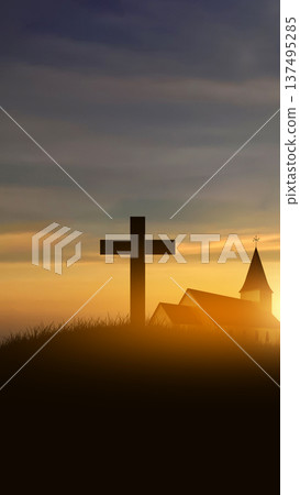 Silhouette of a Christian cross and a small church chapel against a vibrant orange and blue sunset sky, representing faith, peace, and spirituality in a rural landscape 137495285