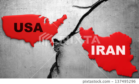 Illustration featuring red maps of the USA and Iran separated by a deep crack on a textured concrete background, symbolizing political conflict, broken diplomatic relations, and international tensions Illustration featuring red maps of the USA and Iran separated by a deep crack on a textured concrete background, symbolizing political conflict, broken diplomatic relations, and international tensions 137495296