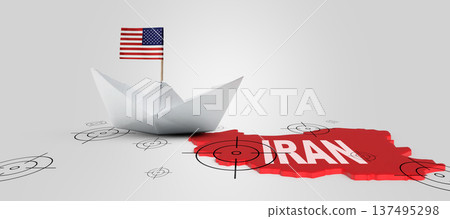 Conceptual image featuring a paper boat with a US flag sailing towards a red map of Iran marked with target symbols, symbolizing geopolitical tension and military conflict Conceptual image featuring a paper boat with a US flag sailing towards a red map of Iran marked with target symbols, symbolizing geopolitical tension and military conflict 137495298
