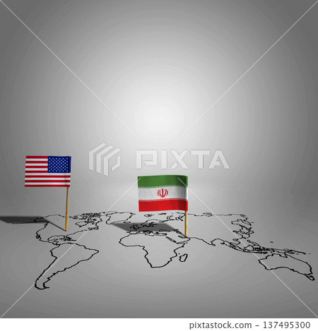 Miniature flags of the USA and Iran placed on a schematic world map sketch over a gray background. Conceptual representation of international relations and geopolitical tension 137495300