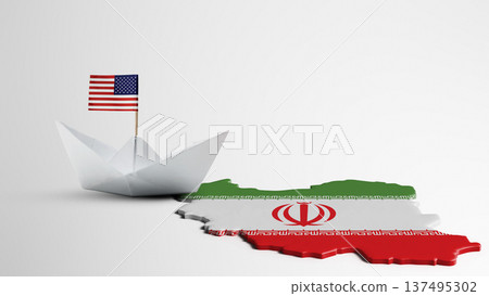 Conceptual image featuring a white paper boat with a small American flag next to a 3D Iranian map. Symbolic of international relations, diplomacy, and naval presence in the Middle East Conceptual image featuring a white paper boat with a small American flag next to a 3D Iranian map. Symbolic of international relations, diplomacy, and naval presence in the Middle East 137495302