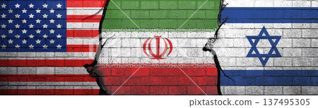 A conceptual image showing the national flags of the USA, Iran, and Israel painted on a textured brick wall with deep cracks, symbolizing fractured diplomatic relations and geopolitical conflict A conceptual image showing the national flags of the USA, Iran, and Israel painted on a textured brick wall with deep cracks, symbolizing fractured diplomatic relations and geopolitical conflict 137495305