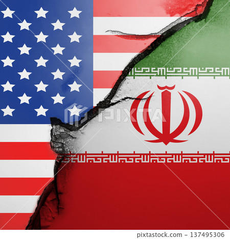 A conceptual image showing the flags of the United States and Iran divided by a dark, jagged crack, symbolizing political tension and diplomatic conflict 137495306