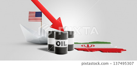A red arrow pointing down at oil barrels next to a US flag on a paper boat and an Iranian flag map, symbolizing economic pressure and sanctions on Iran's oil exports 137495307