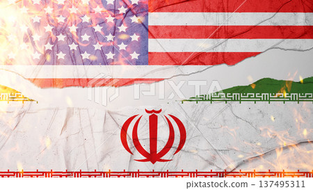 Conceptual image of the United States and Iran flags torn and burning, symbolizing geopolitical conflict, diplomatic tension, and broken international relations between the two nations Conceptual image of the United States and Iran flags torn and burning, symbolizing geopolitical conflict, diplomatic tension, and broken international relations between the two nations 137495311