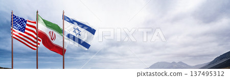 National flags of USA, Iran, and Israel waving side-by-side against an overcast sky and mountain background. Dramatic composition with wide copy space for political or global themes National flags of USA, Iran, and Israel waving side-by-side against an overcast sky and mountain background. Dramatic composition with wide copy space for political or global themes 137495312