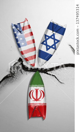 A conceptual image showing the flags of the USA, Israel, and Iran on boat-like shapes, separated by a large crack representing geopolitical tension and international conflict A conceptual image showing the flags of the USA, Israel, and Iran on boat-like shapes, separated by a large crack representing geopolitical tension and international conflict 137495314