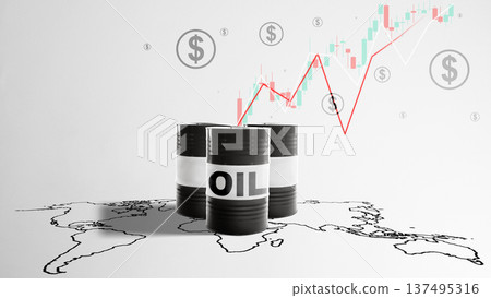 Conceptual image of oil barrels on a world map with a fluctuating stock market graph and dollar signs, illustrating global energy trade, price volatility, and economic impact 137495316