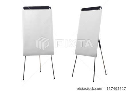A set of two blank white flipchart paper pads on tripod stands, shown from front and side views isolated on a white background, perfect for business presentations, seminars, and educational workshops A set of two blank white flipchart paper pads on tripod stands, shown from front and side views isolated on a white background, perfect for business presentations, seminars, and educational workshops 137495317
