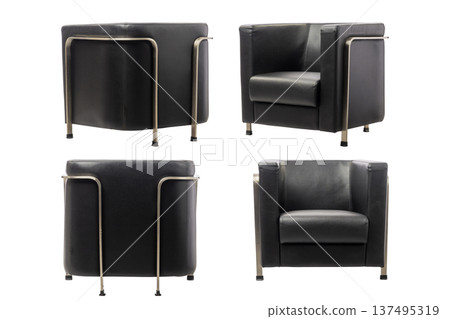 A collage of four perspectives showing a luxury black leather armchair with a minimalist metal frame, ideal for modern interior design concepts, isolated on white 137495319