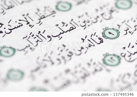 A macro shot focusing on verses from the Holy Quran, written in traditional Arabic script with decorative green verse markers on a white page 137495346