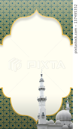 An elegant Islamic background featuring a deep teal geometric pattern with gold outlines. A central white arch frame showcases a white mosque minaret and dome, ideal for religious celebrations An elegant Islamic background featuring a deep teal geometric pattern with gold outlines. A central white arch frame showcases a white mosque minaret and dome, ideal for religious celebrations 137495352