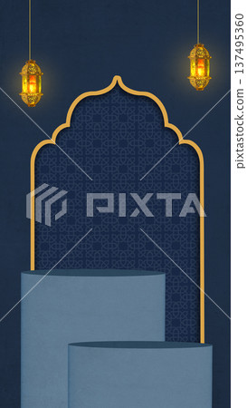 A dark blue Islamic background featuring a 3D cylindrical podium, a golden patterned arch, and hanging glowing lanterns for Ramadan and Eid product displays 137495360