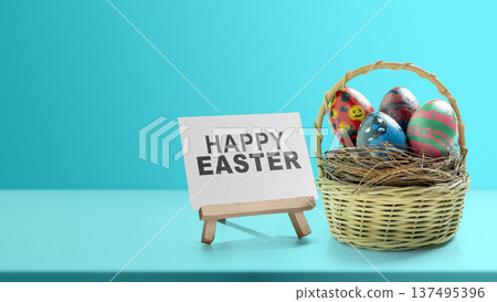 A bright and colorful studio shot featuring a basket full of decorated Easter eggs. Beside the basket is a small easel displaying a sign that reads "Happy Easter" against a soft blue background 137495396