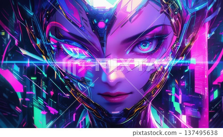 Futuristic warrior pilot with glowing technological headgear and laser light flare 137495638