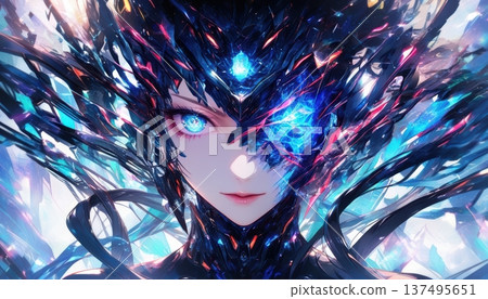 Intense digital entity with fractured crystal armor and glowing blue energy eyes 137495651