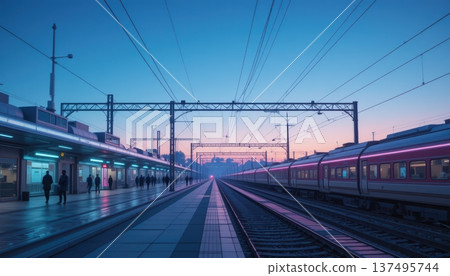 Empty Railway Station with Pink Neon Train and Soft Pastel Sunset Sky Empty Railway Station with Pink Neon Train and Soft Pastel Sunset Sky 137495744