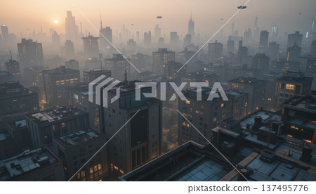 Hazy Industrial Megacity Skyline at Sunset with Flying Vehicles and Smog 137495776
