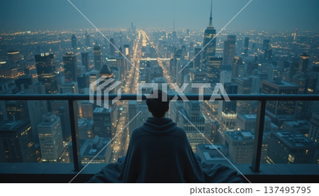 Man Wrapped in Blanket Overlooking Vast Metropolitan Cityscape from High Balcony 137495795