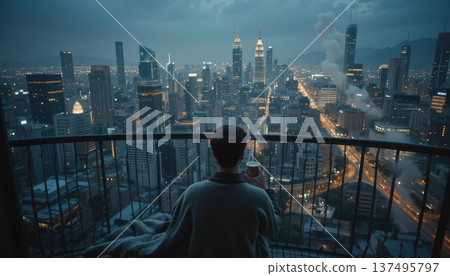 Person Enjoying Coffee on High Rise Balcony with Distant City Skyline View 137495797