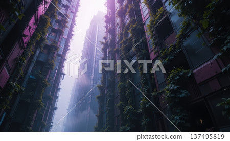 Tall futuristic skyscrapers covered in green climbing plants amidst a foggy purple haze 137495819