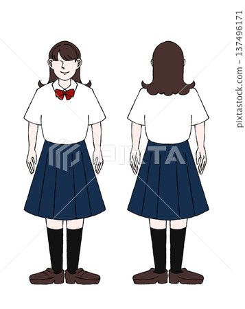 Female high school student student uniform summer clothing whole body standing front back view illustration 137496171