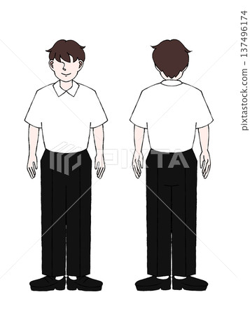 Male high school student student uniform summer clothing full body standing front back view illustration Male high school student student uniform summer clothing full body standing front back view illustration 137496174