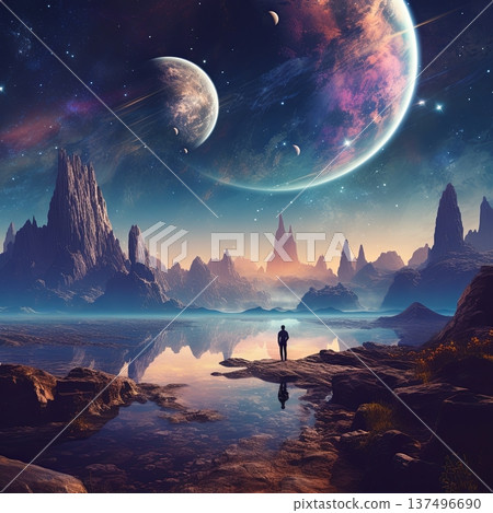 A Solitary Figure Gazes Upon a Breathtaking Alien Landscape with Distant Planets In View A Solitary Figure Gazes Upon a Breathtaking Alien Landscape with Distant Planets In View 137496690