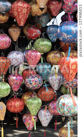 Colorful lanterns glowing at night in Hoi An, Vietnam traditional lantern festival street lights 137496853