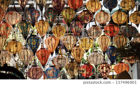 Colorful lanterns glowing at night in Hoi An, Vietnam traditional lantern festival street lights 137496901