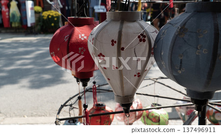 Colorful lanterns glowing at night in Hoi An, Vietnam traditional lantern festival street lights 137496911