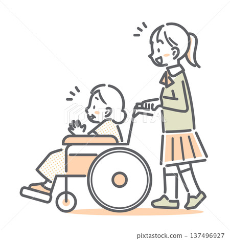 A high school girl talking to a senior woman while pushing her wheelchair. A simple and stylish line drawing illustration 137496927