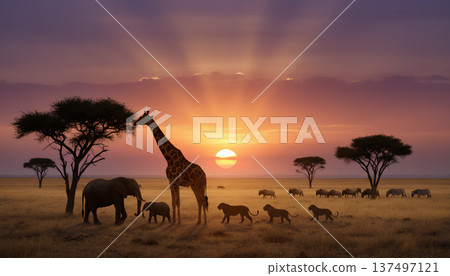 African savanna sunset and wildlife 137497121