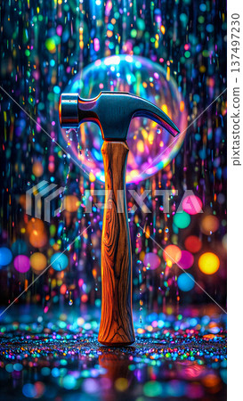 Hammer amidst a kaleidoscope of shimmering lights. A hammer with a wooden handle stands vertically amidst a cascade of colorful, shimmering lights.  137497230