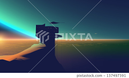 Futuristic sci-fi vector landscape with spaceship approaching alien planet station silhouette. Futuristic sci-fi vector landscape with spaceship approaching alien planet station silhouette. 137497391