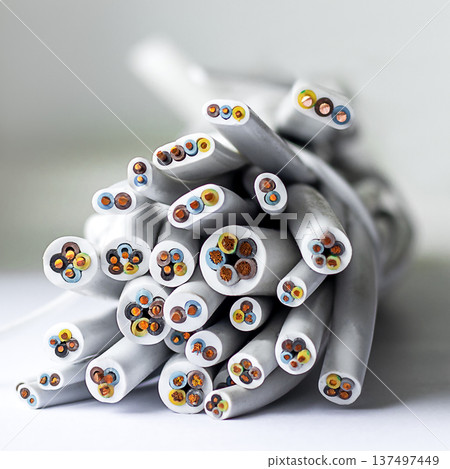 Closeup of white electrical cables with colorful copper cores bundled together for industrial use showcase 137497449