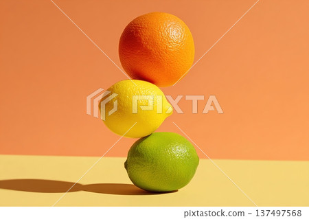 Stacked citrus fruits: orange, lemon, and lime on a yellow backdrop with vibrant color harmony 137497568