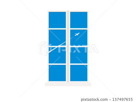 透過白色窗戶看到的藍天中一道凝結尾跡的插圖 透過白色窗戶看到的藍天中一道凝結尾跡的插圖 137497655