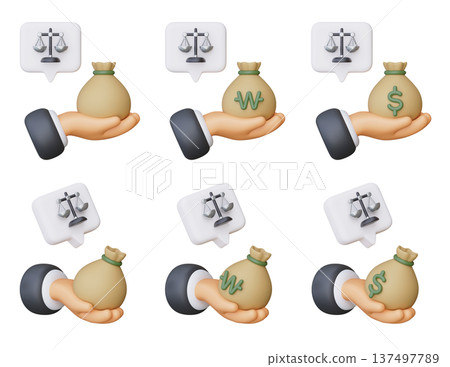 3D Character Hand Holding Money Bag with Scale of Justice for Financial Law Concept 137497789