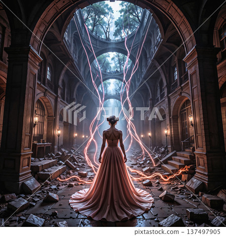 Awakening power in the ancient ruins. A woman in an elegant gown stands in the center of ancient ruins, surrounded by an archway with intricate stonework.  137497905