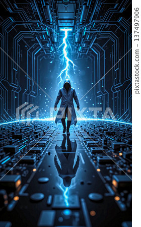 Cybernetic Enigma The Digital Conduit. A hooded figure stands in a high-tech corridor lined with circuit-like patterns, suggesting a futuristic or digital environment. 137497906