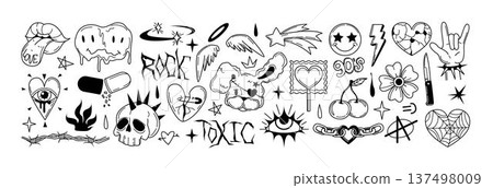 Spray paint graffiti inky heart, chain, angel wings, skull, smiles and punk goth stickers 137498009