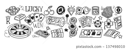 Casino and gambling games doodle icons, poker and billiard sketch symbols 137498010