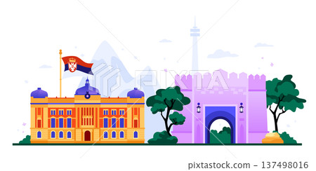 National Museum and Nish Fortress - colorful flat design illustration 137498016
