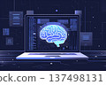 Laptop displays a neon brain illustration representing artificial intelligence and digital neuroscience 137498131