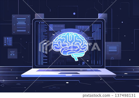 Laptop displays a neon brain illustration representing artificial intelligence and digital neuroscience 137498131